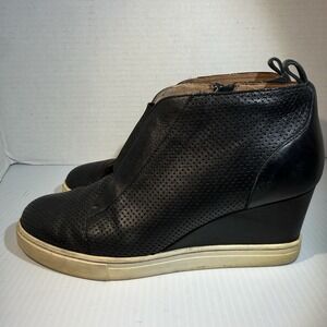 Linea Paolo Felicia Perforated Side Zip Black Leather Wedge Sneakers Women's 6M